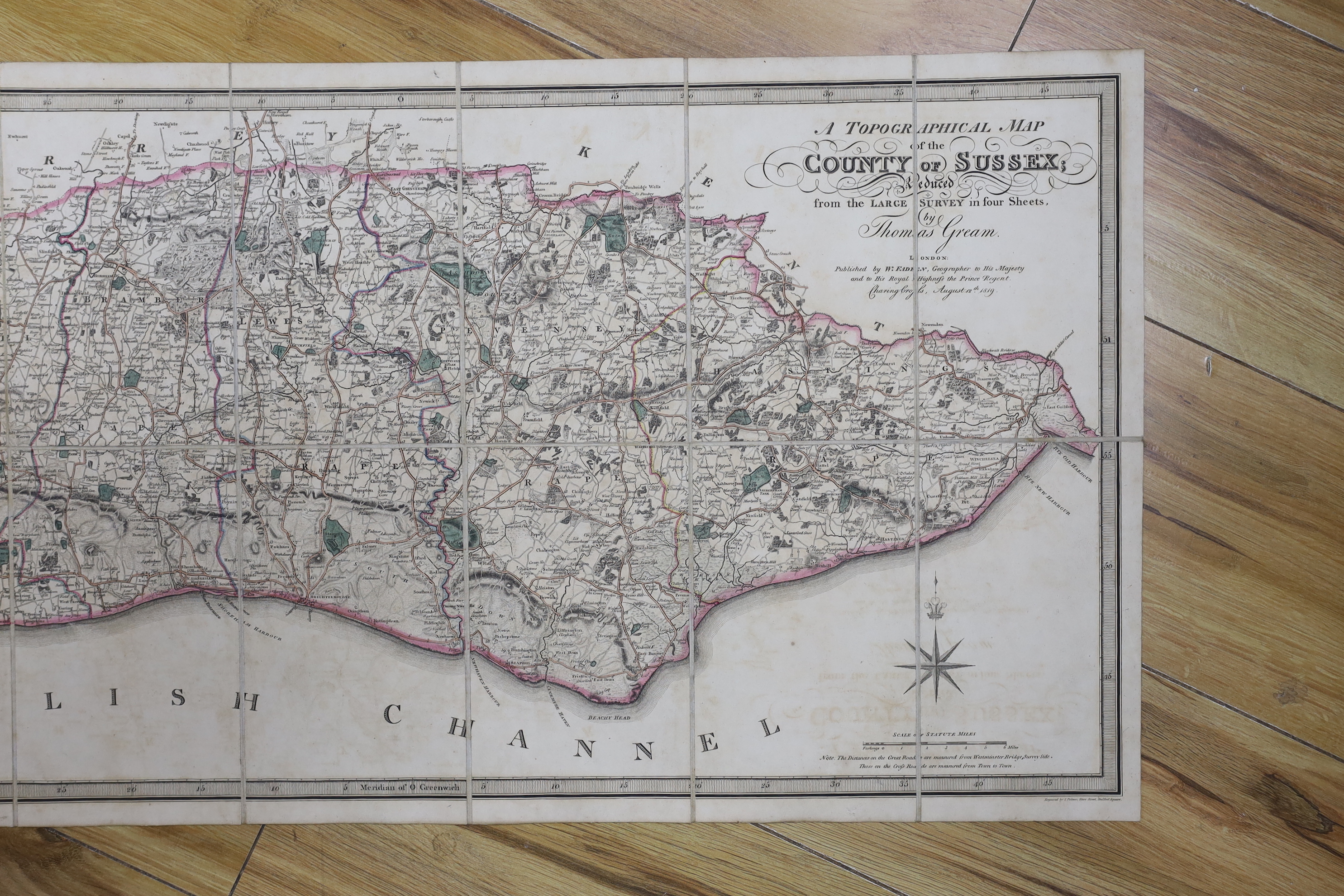 Sussex map, a reduced version of the survey by Thomas Gream, sold by William Faden, dated 1819, folding map in slip case, 39 x 81cm